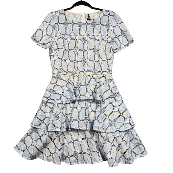 Gianni Bini Blue Geo Lace Ruffle Mini Dress Size 4 - Picture 2 of 5